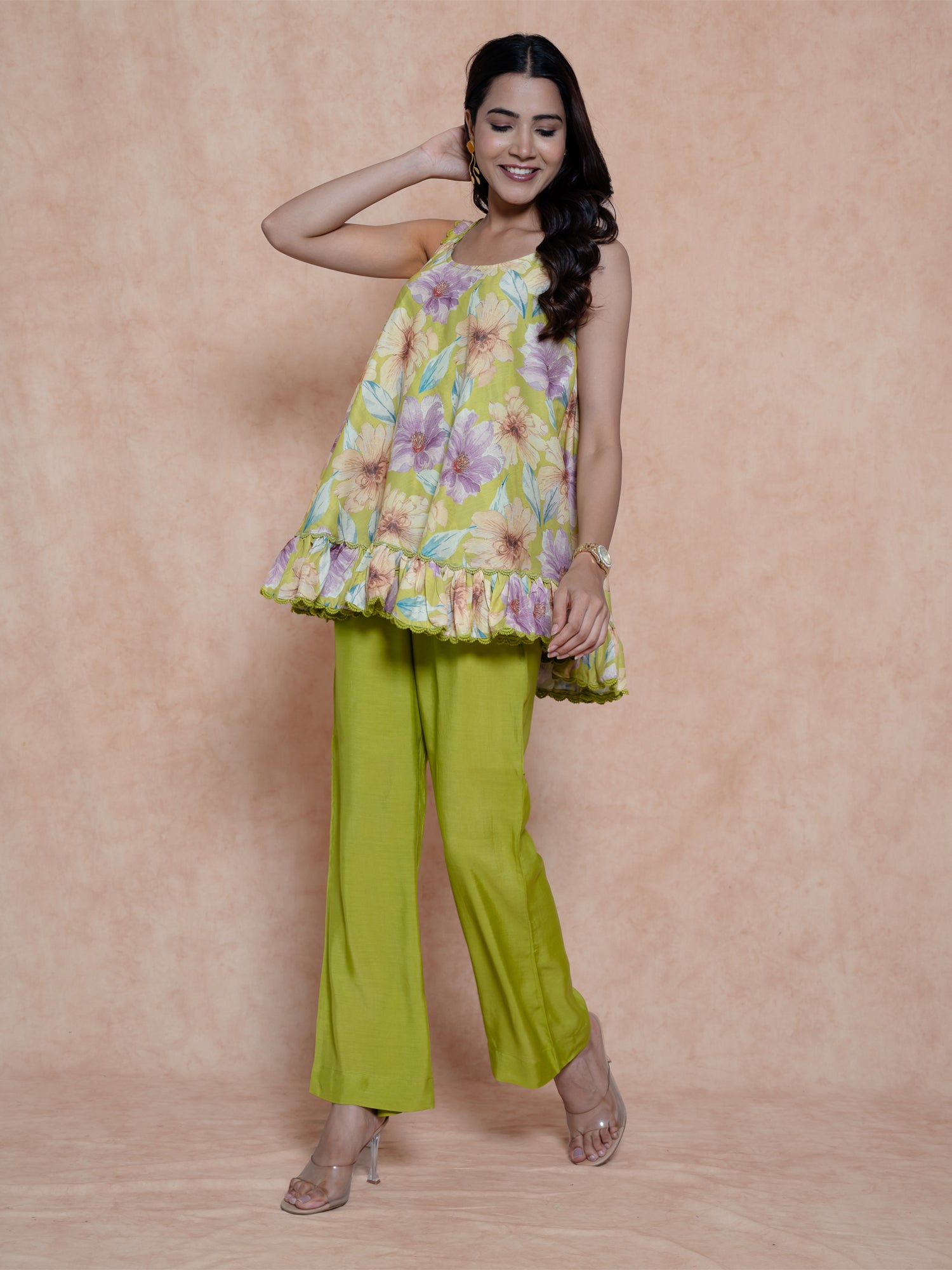 Lime Green Muslin Printed Strappy Top With Bottom