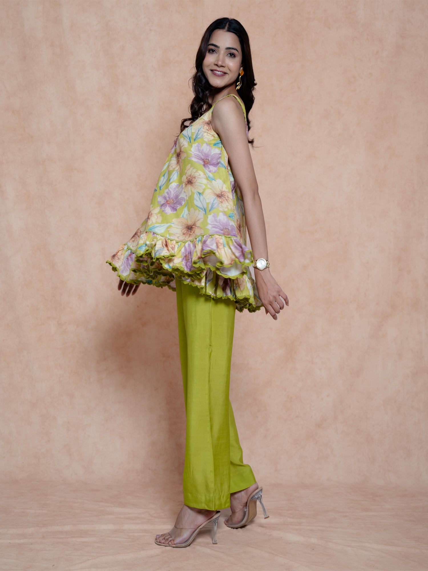 Lime Green Muslin Printed Strappy Top With Bottom