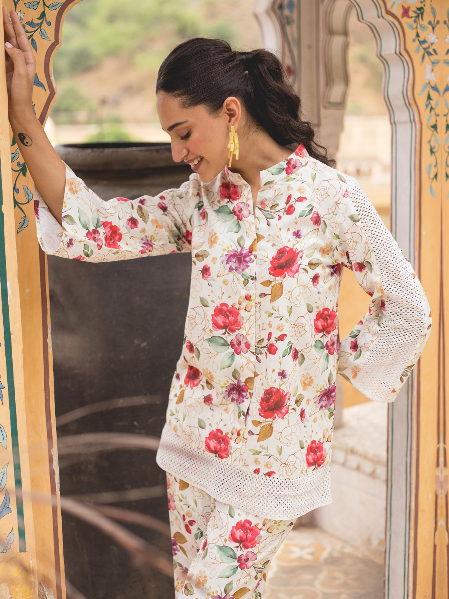 White Floral Printed Linen Top With Bottom