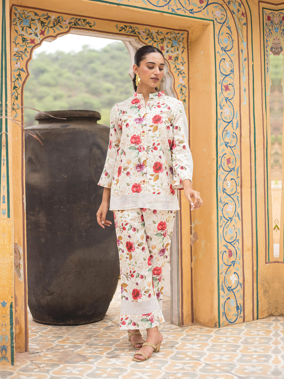 White Floral Printed Linen Top With Bottom