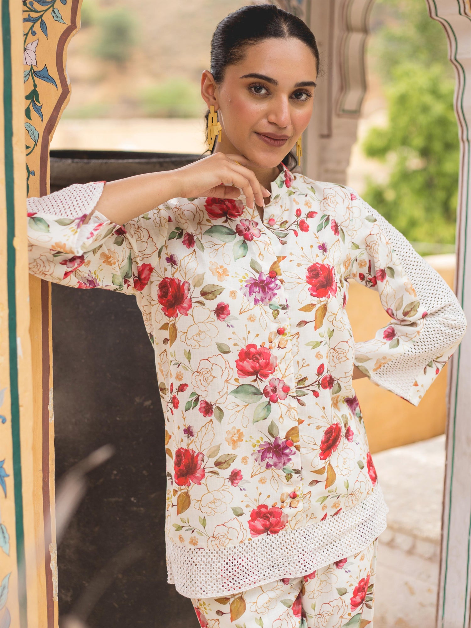 White Floral Printed Linen Top With Bottom