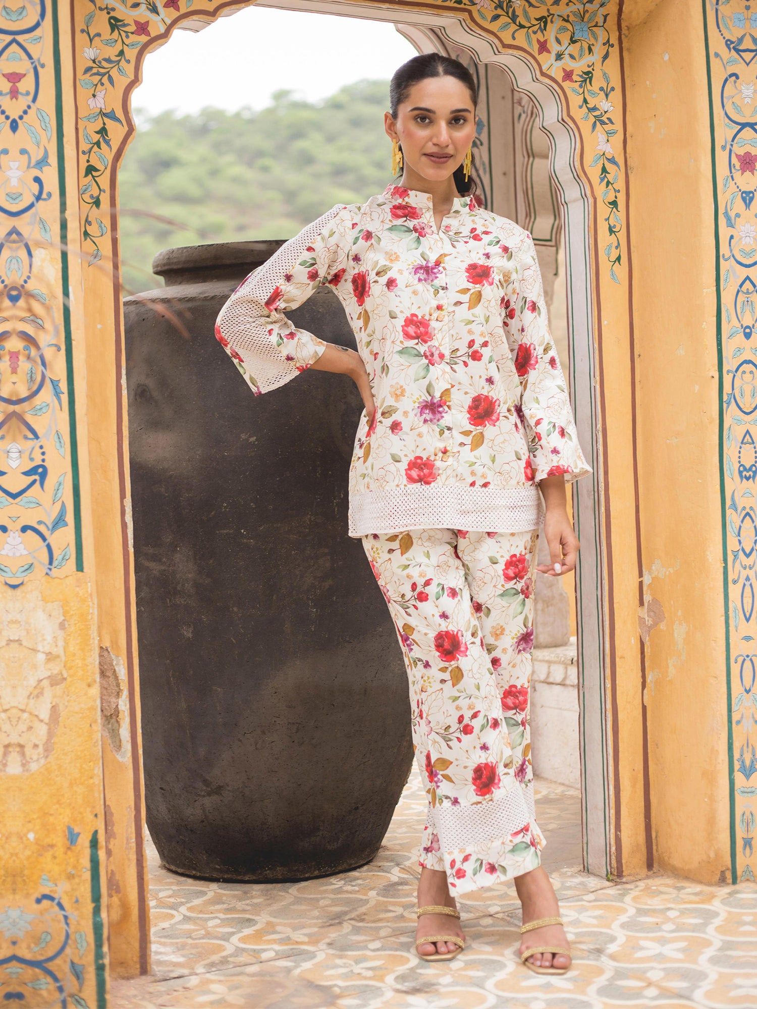 White Floral Printed Linen Top With Bottom