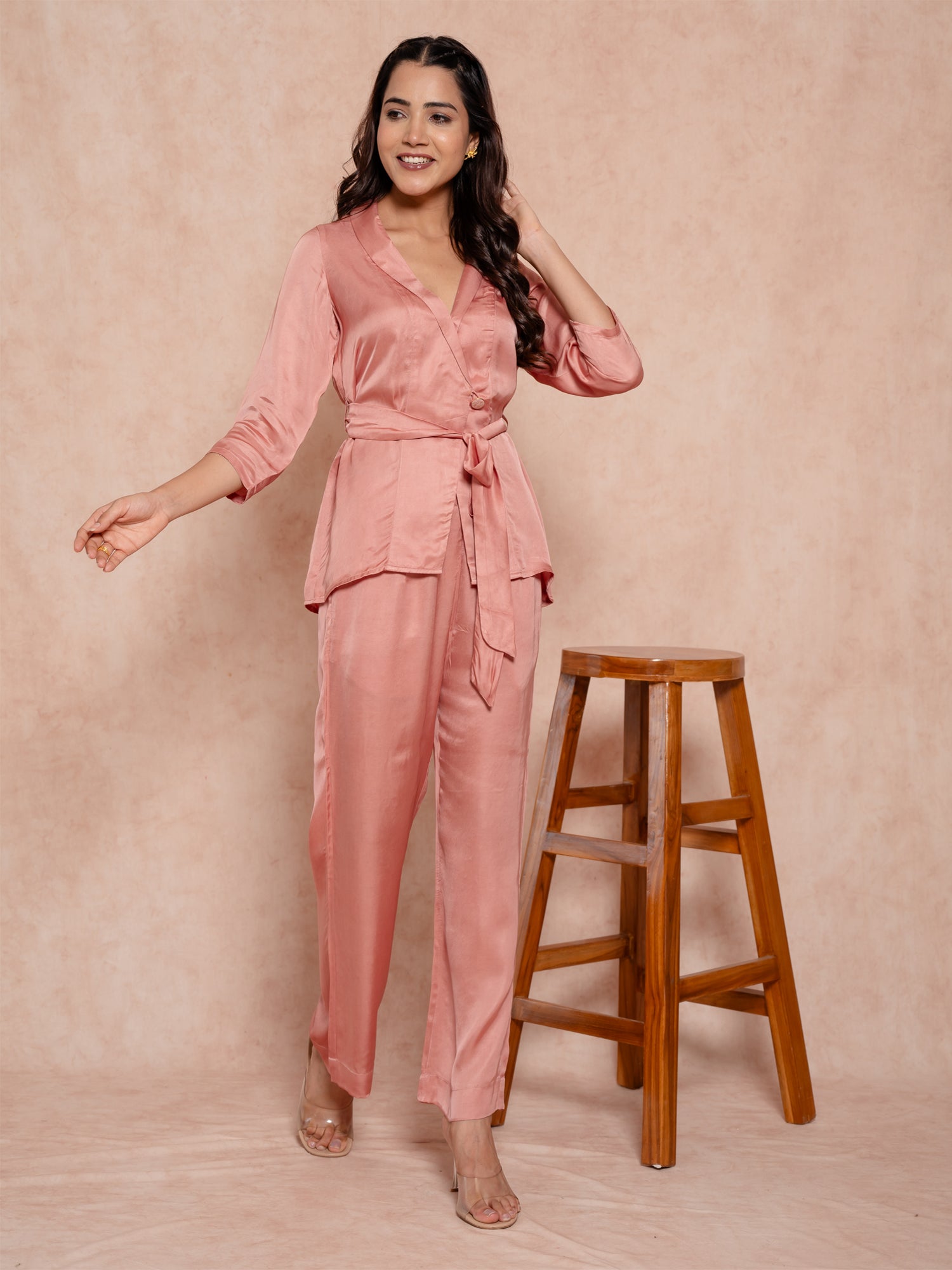 Rose Gold Satin Royal Co-ord Set With Belt