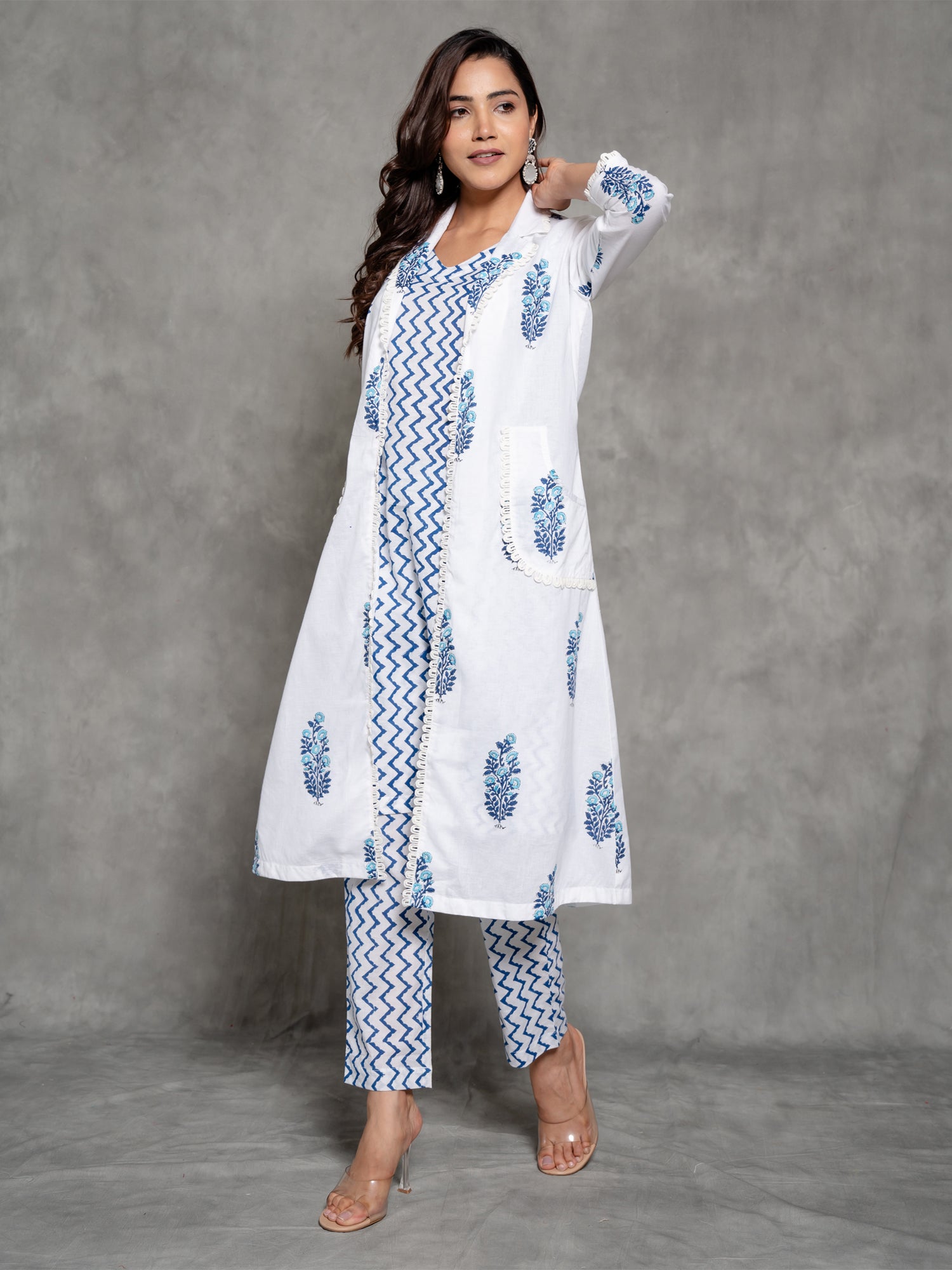 White Block Printed Long Pattern Co-Ord Set With Shurg