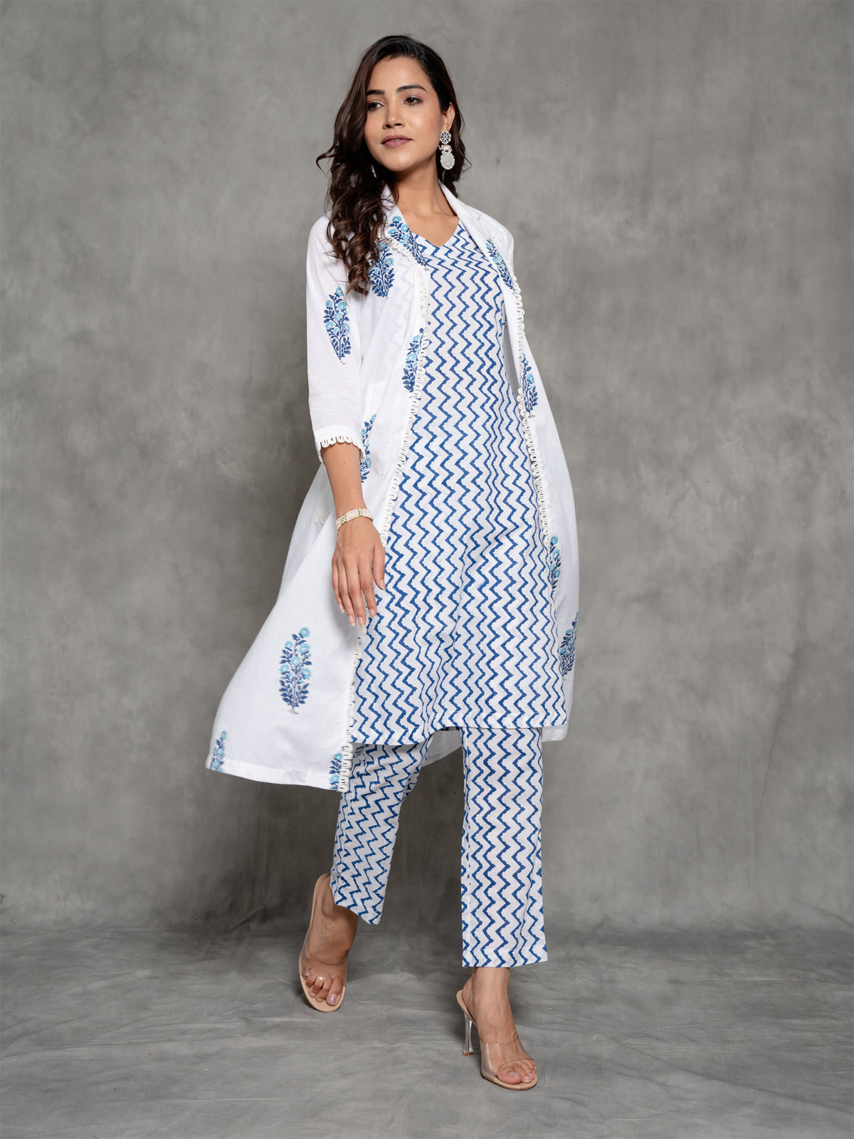 White Block Printed Long Pattern Co-Ord Set With Shurg