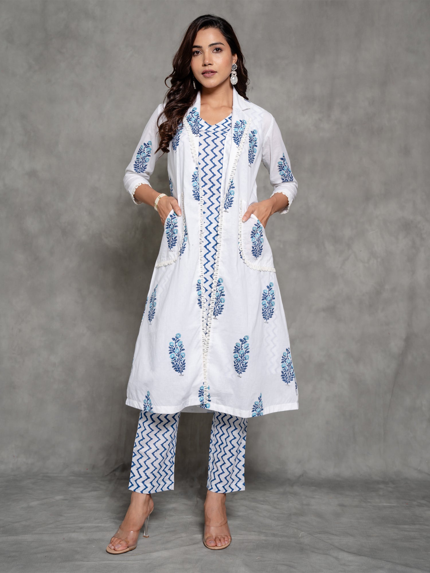 White Block Printed Long Pattern Co-Ord Set With Shurg