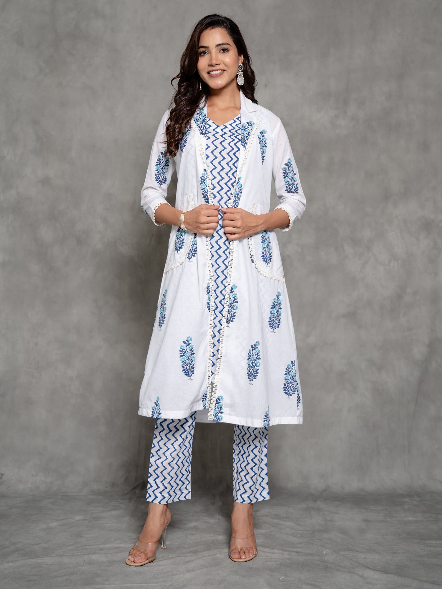 White Block Printed Long Pattern Co-Ord Set With Shurg