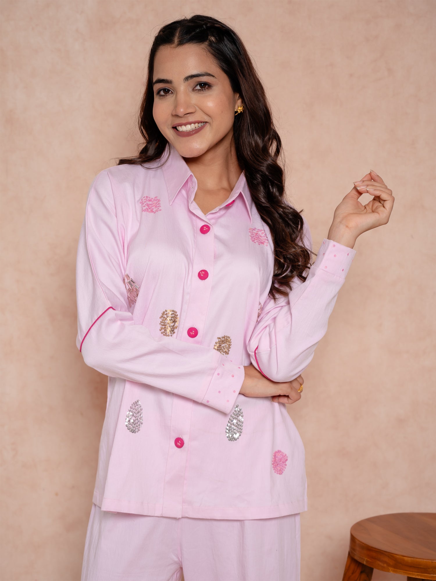 Baby Pink Handwork Cotton Satin Co-Ord Set