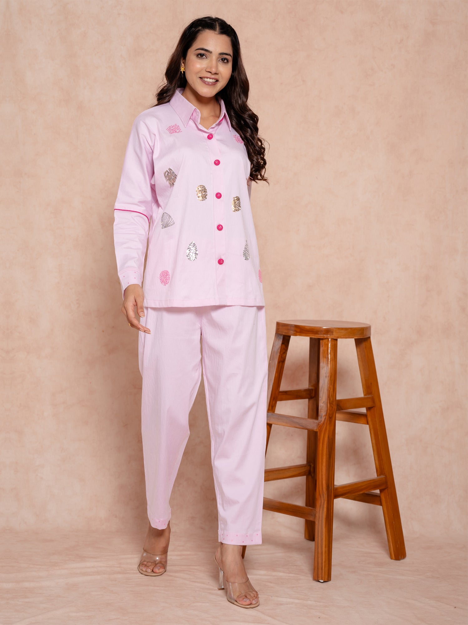 Baby Pink Handwork Cotton Satin Co-Ord Set