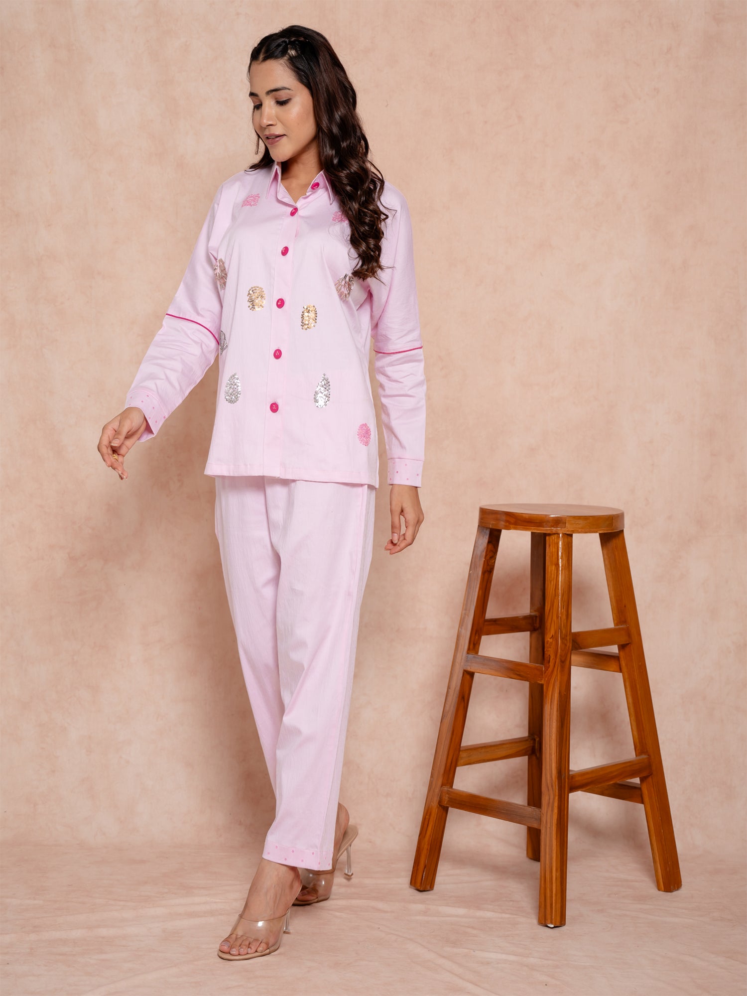 Baby Pink Handwork Cotton Satin Co-Ord Set