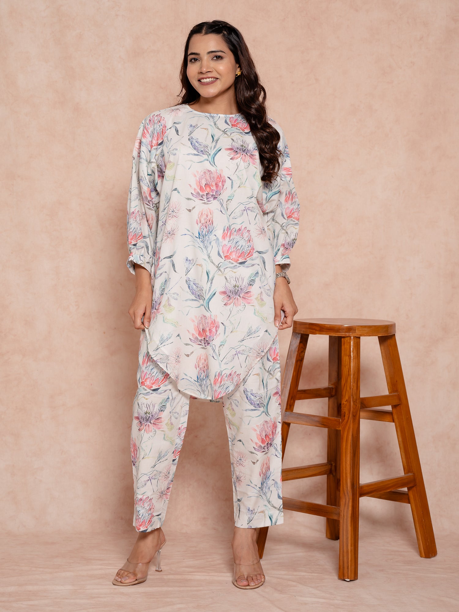 Off White Floral Printed Cotton Co-Ords Set