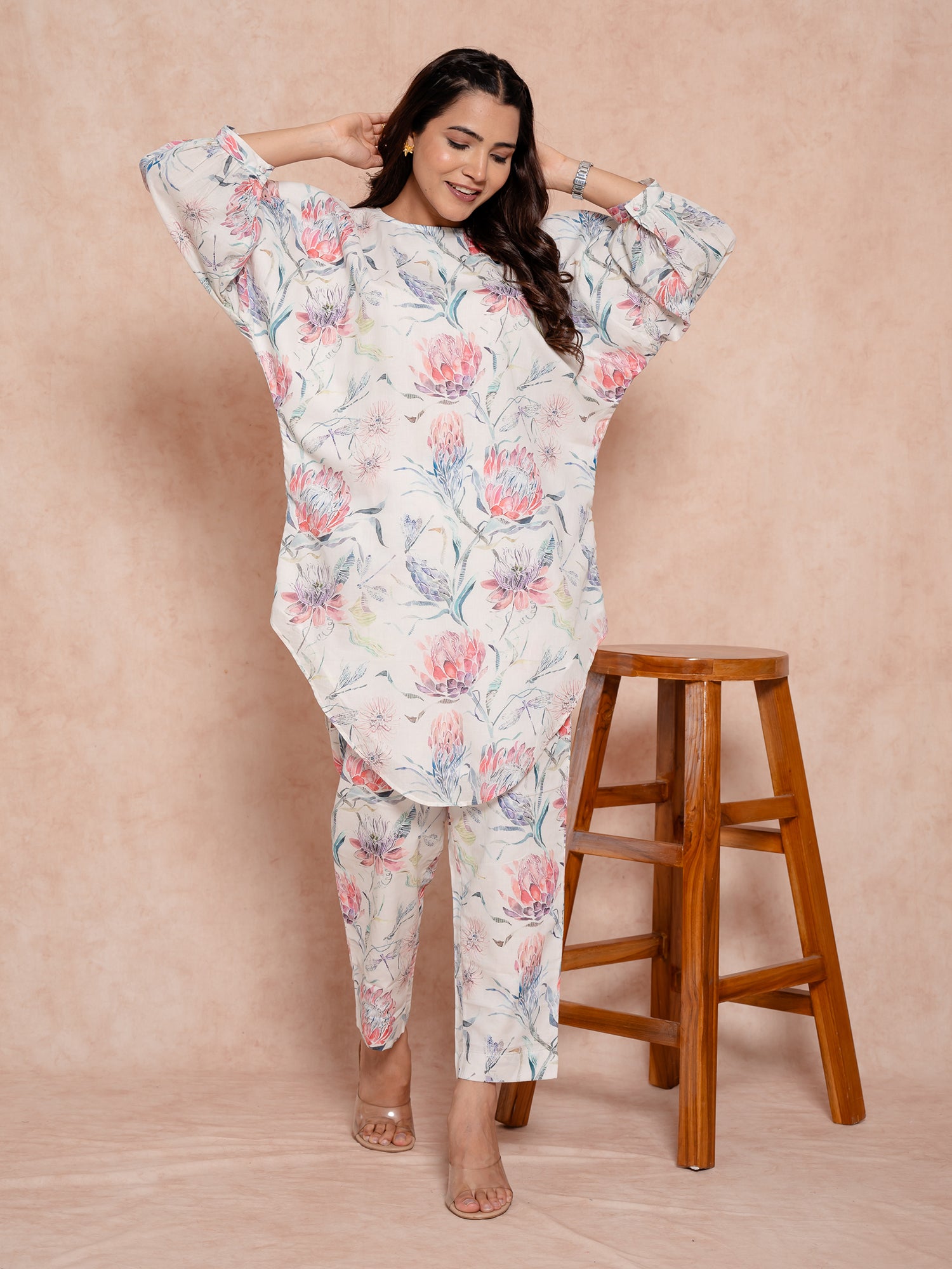 Off White Floral Printed Cotton Co-Ords Set