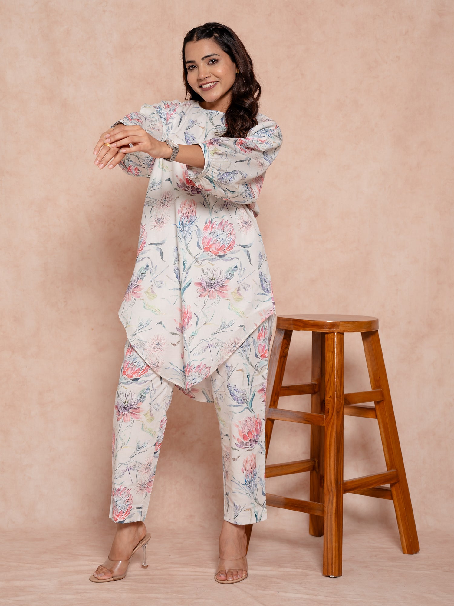 Off White Floral Printed Cotton Co-Ords Set