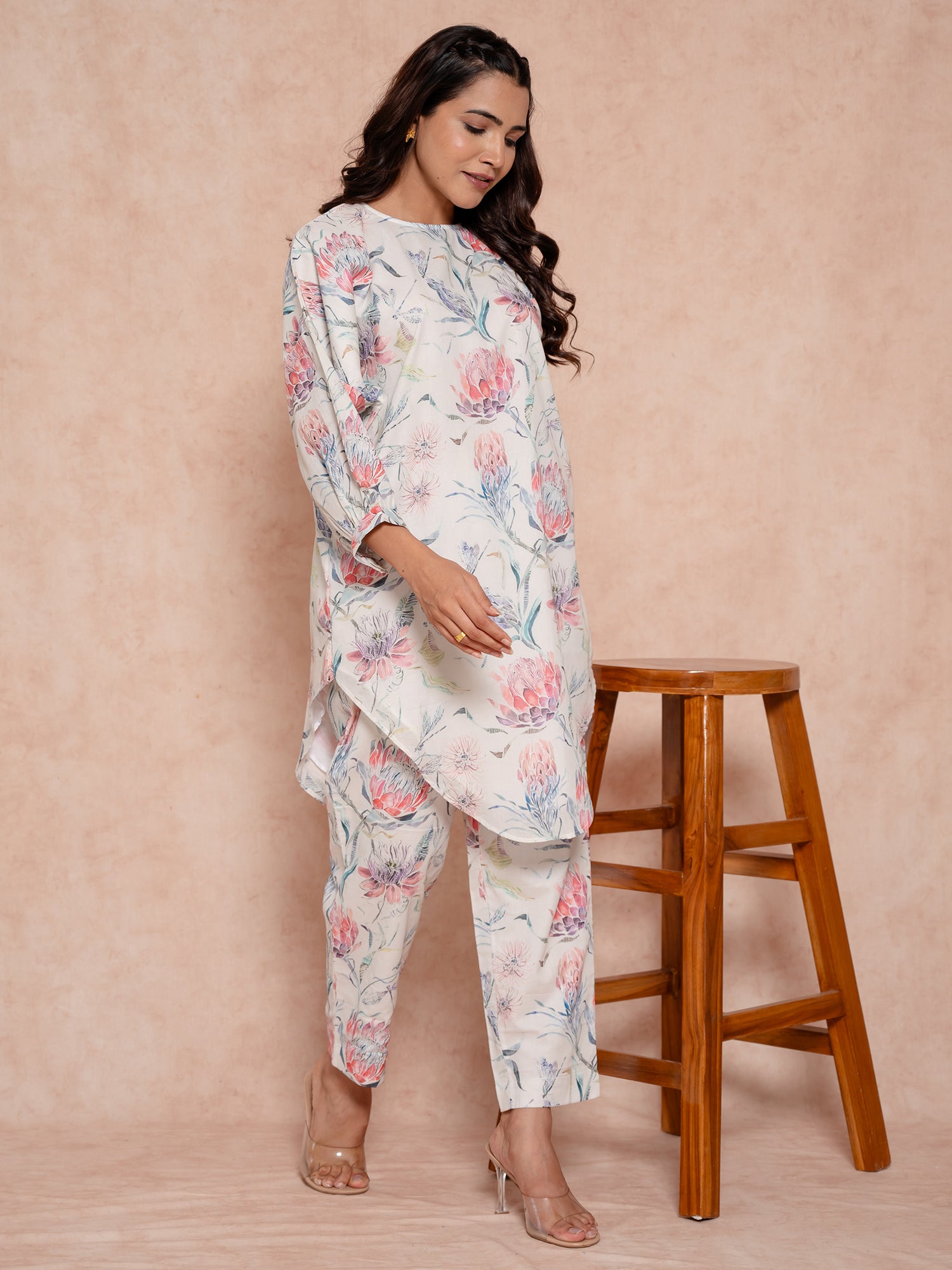 Off White Floral Printed Cotton Co-Ords Set