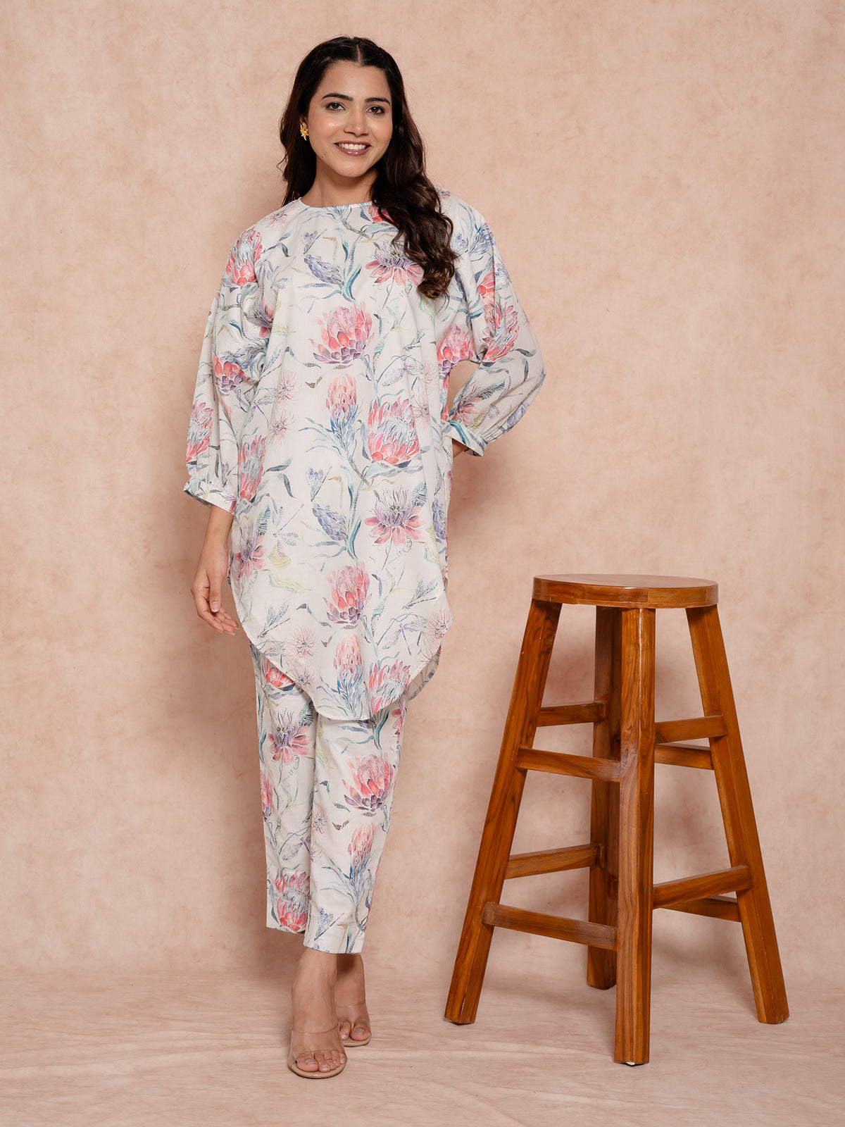 Off White Floral Printed Cotton Co-Ords Set