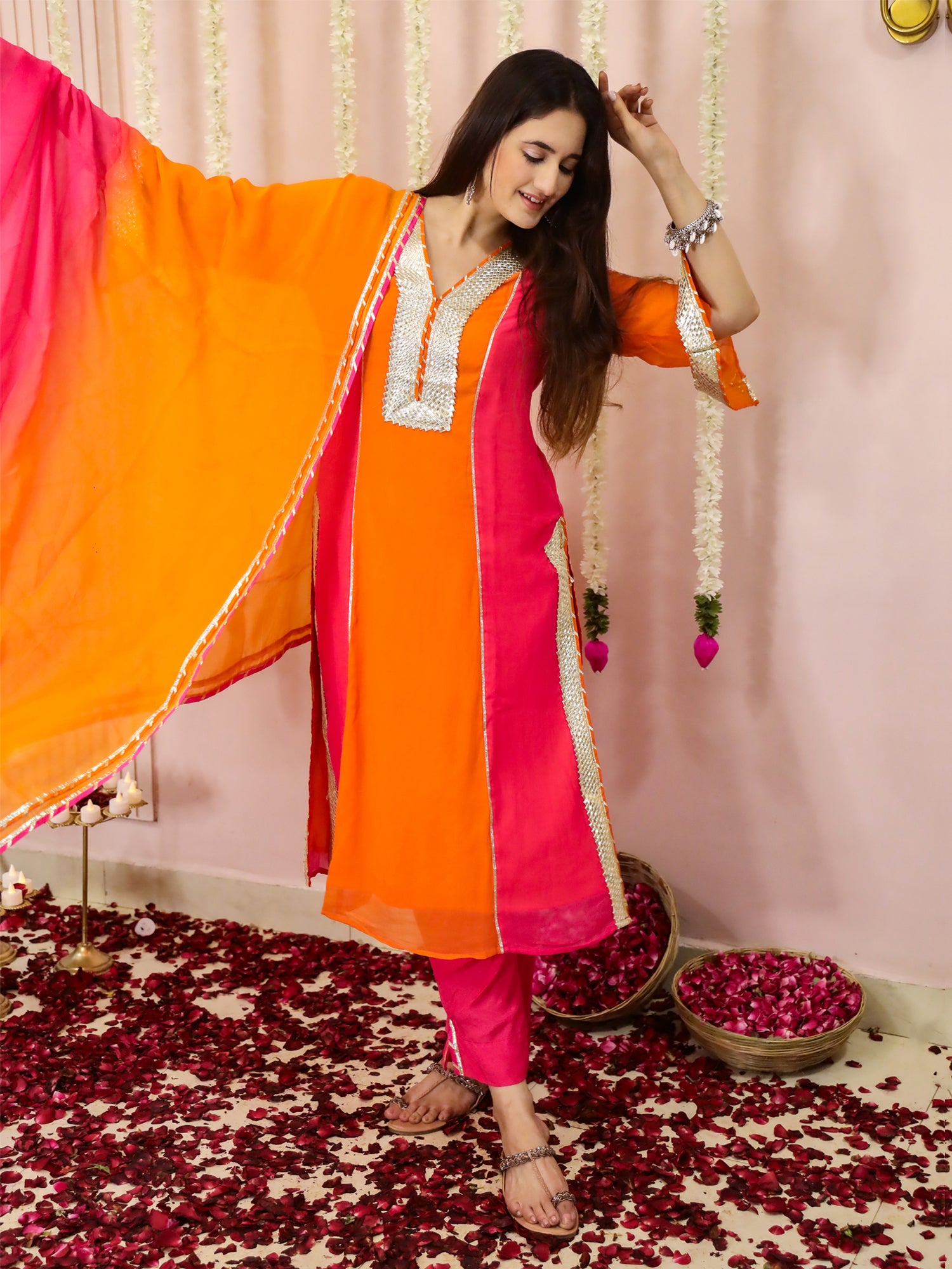 Orange and Pink Suit Set In Georgette