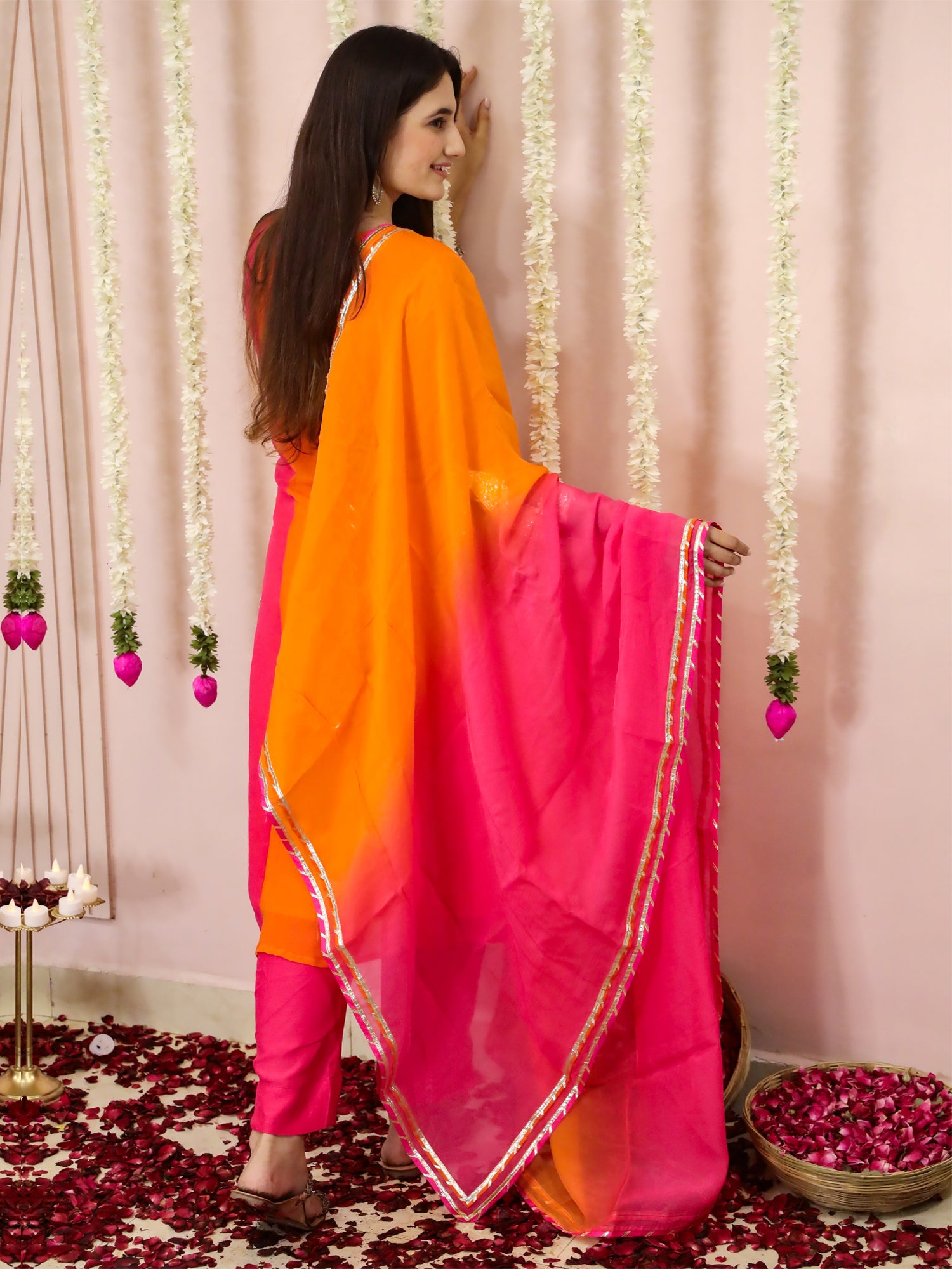 Orange and Pink Suit Set In Georgette