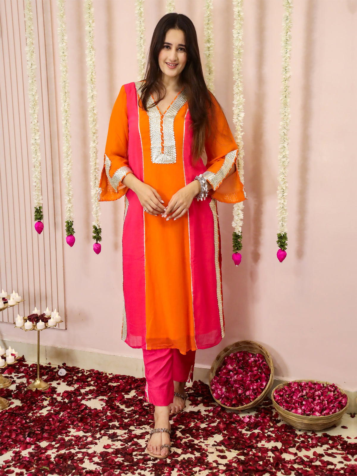 Orange and Pink Suit Set In Georgette