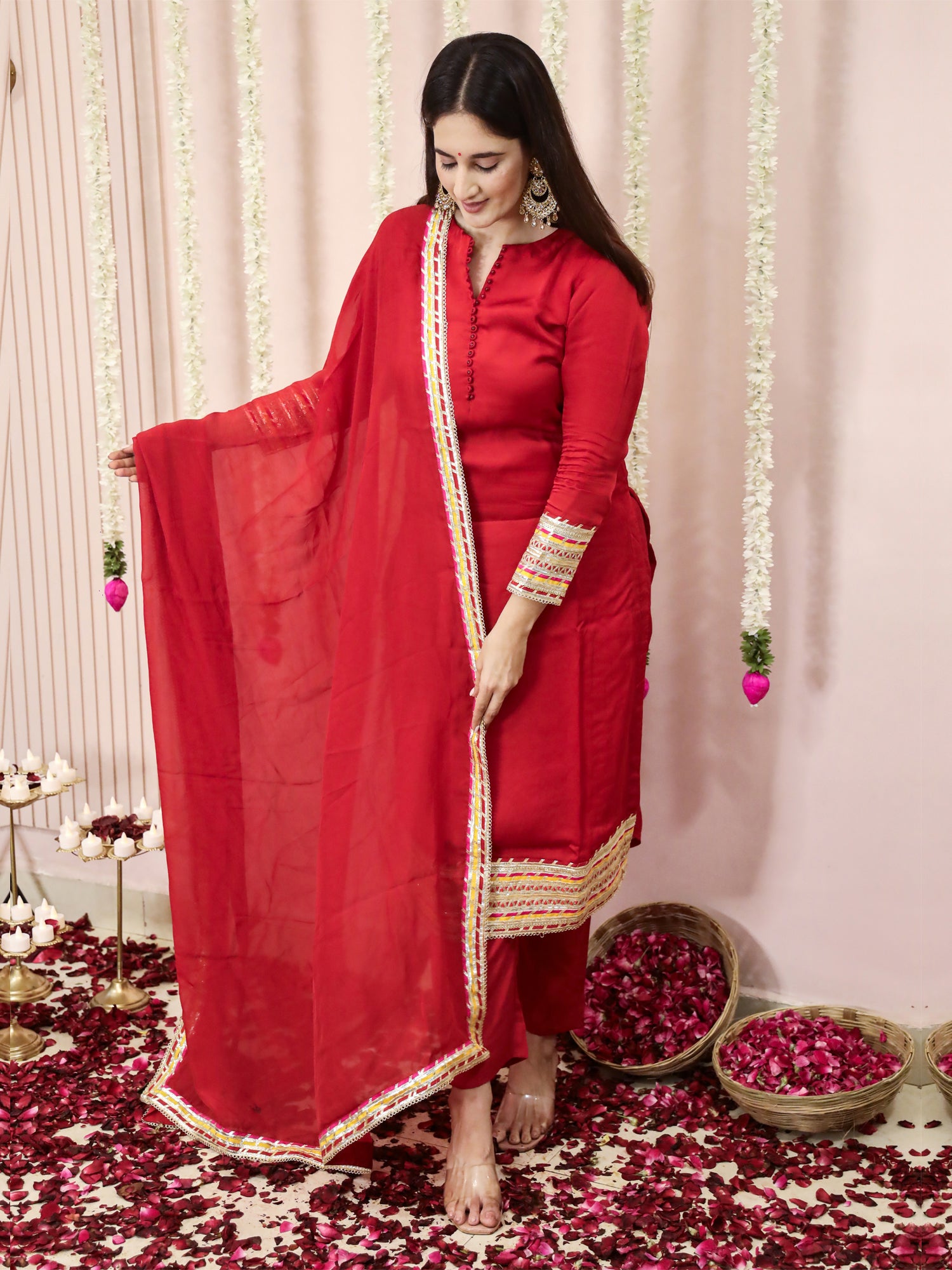 Red Straight Cut Suit Set With Gota Work