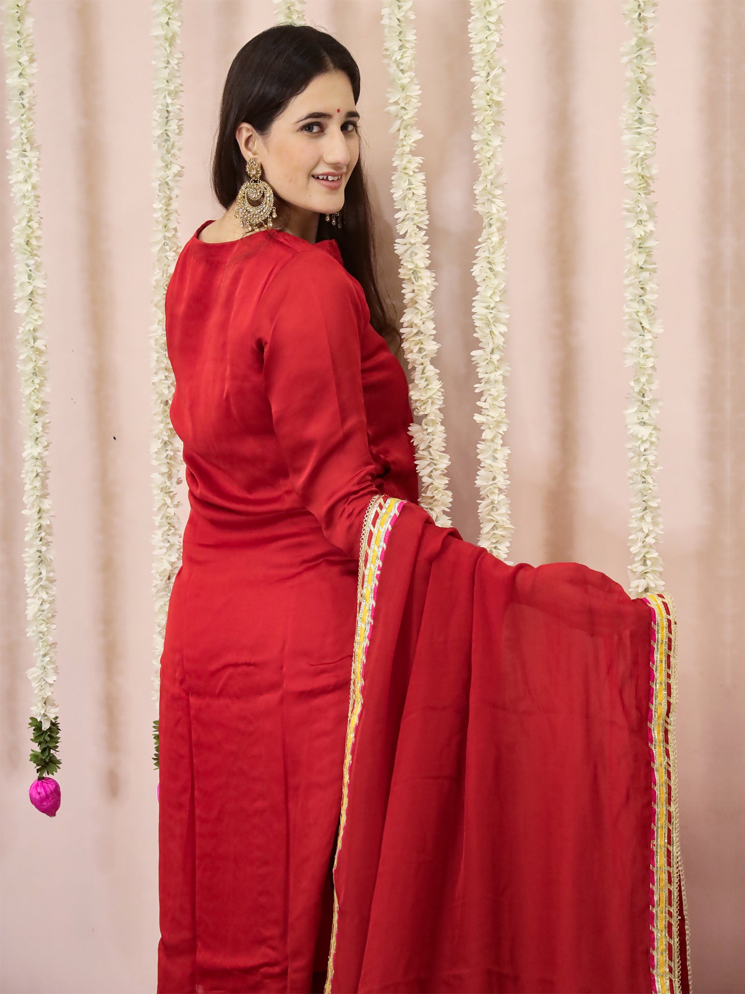 Red Straight Cut Suit Set With Gota Work