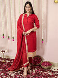 Red Straight Cut Suit Set With Gota Work